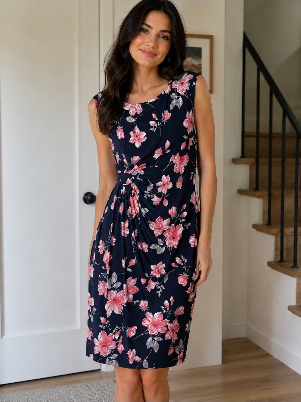 Connected Apparel Navy Pink Floral Faux Wrap Dress